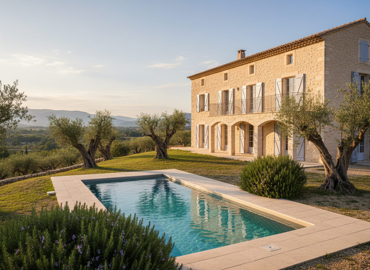 The hero image shows a refined Provençal villa constructed from soft, pale-hued local stone with elegant iron railings and muted lavender-blue shutters. The villa is nestled on a gentle hill, surrounded by well-manicured olive trees and fragrant rosemary bushes. A shimmering pool with subtle turquoise reflections lies in the foreground, bordered by pale stone. Late afternoon sunlight gently caresses the textures, casting elongated, delicate shadows. The composition is a slightly elevated, wide-angle shot, emphasizing the understated luxury and tranquility of the property. Photographic realism, featuring an elegant yet minimalist aesthetic, perfectly embodies the sophistication and warmth of the villa for a business homepage.
