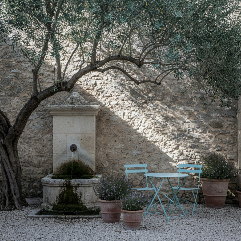 The Manon flat’s defining feature is an antique stone spring nestled at the edge of its shaded courtyard. Gnarled olive branches arch above the spring, casting intricate, dappled shadows onto the aged limestone walls behind. A light blue wrought-iron bistro set sits nearby atop gravel, accented by wild thyme in rustic terracotta pots. The lighting is gentle and filtered through leafy branches, evoking a cool, secluded mood. Captured from a low angle, the shot frames the spring as the jewel of the composition, rendering a poetic and authentic Provençal ambiance with minimalist, refined detailing.