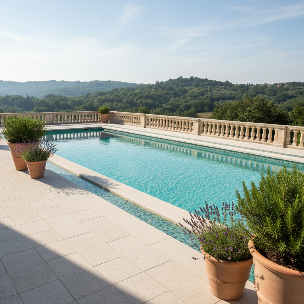The Nina flat’s private terrace looks out over a crystal-clear swimming pool, with elegant pale stone coping and subtle mosaic tile edging. Minimalist terra-cotta planters with rosemary and lavender line the terrace’s pale flagstones. Beyond the pool, undulating green hills fade softly into the distance under a serene blue sky. Soft morning sun creates delicate highlights on the water’s surface and gentle shadows along the terrace. The composition is eye-level, using rule of thirds for balance and a shallow depth of field to bring visual focus to the terrace’s serene setting. The mood is calm, inviting, and quietly luxurious, in an elegantly minimalist photographic style.
